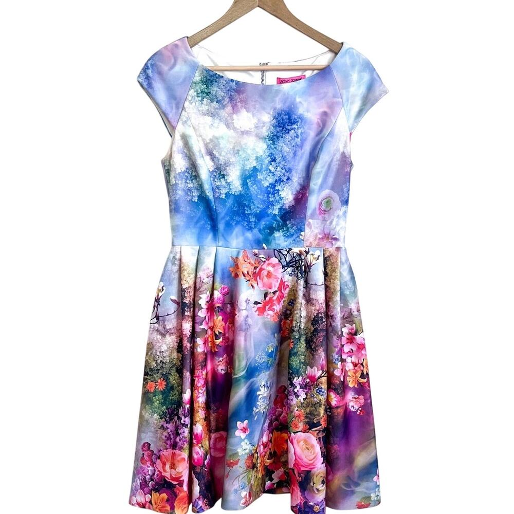 Betsey Johnson Floral Watercolor Scuba Dress Size 6‎ Ethereal Coquette Whimsical